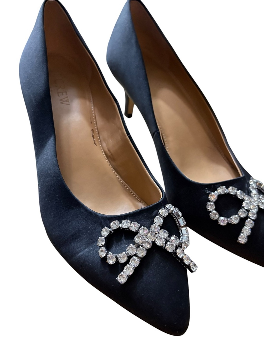 J. Crew Black Satin Pointed Toe Pumps with Crystal Bow sz 8